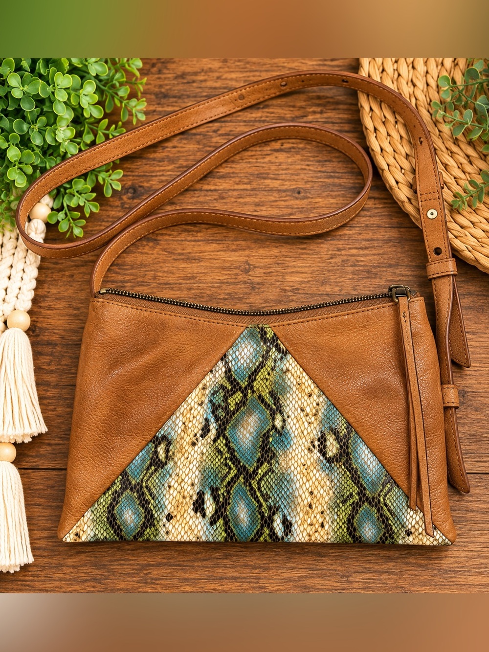 HOBO Cognac Brown Crossbody Bag with Multicolor Snakeskin Accent